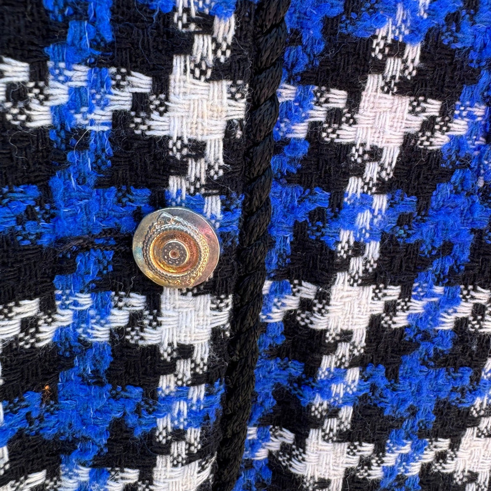 Michele Vintage Houndstooth Blazer Blue Black White Tweed Gold Button Jacket 10