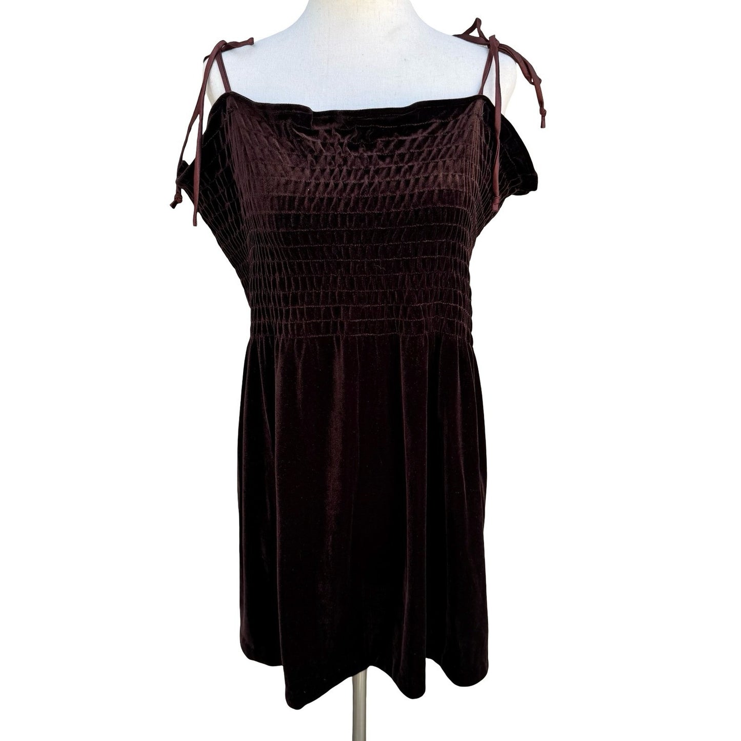 Active USA Y2K Brown Velvet Smocked Tunic Top Tie Shoulder Straps Womens L