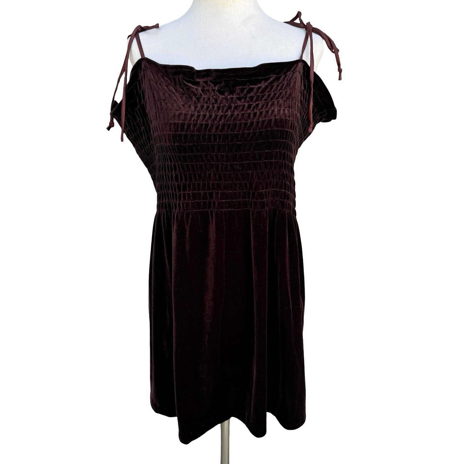 Active USA Y2K Brown Velvet Smocked Tunic Top Tie Shoulder Straps Womens L