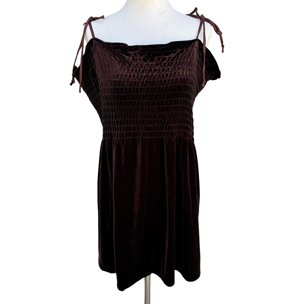 Active USA Y2K Brown Velvet Smocked Tunic Top Tie Shoulder Straps Womens L