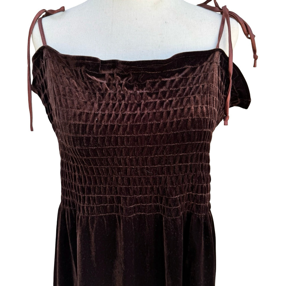 Active USA Y2K Brown Velvet Smocked Tunic Top Tie Shoulder Straps Womens L