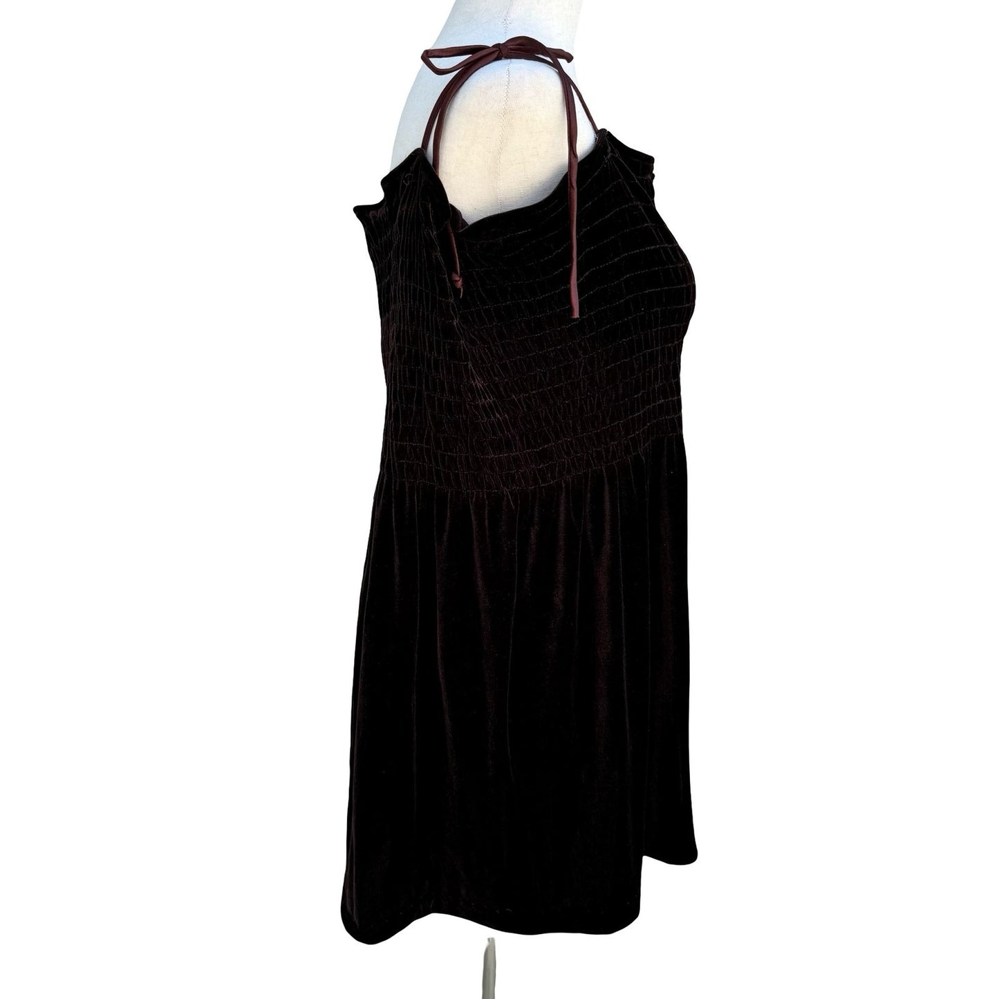 Active USA Y2K Brown Velvet Smocked Tunic Top Tie Shoulder Straps Womens L