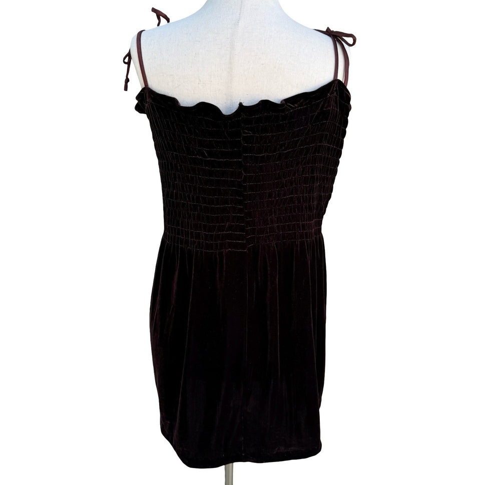 Active USA Y2K Brown Velvet Smocked Tunic Top Tie Shoulder Straps Womens L