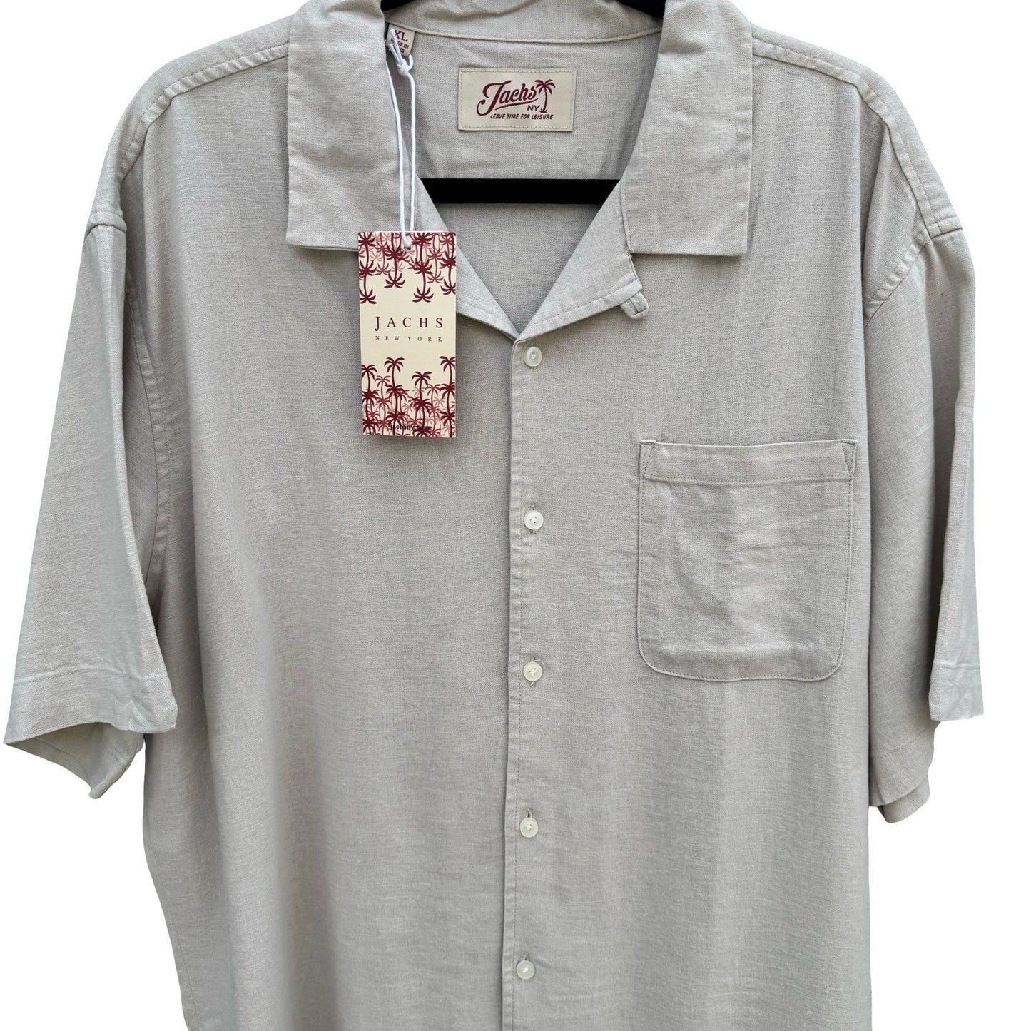 Jachs NY Mens L Southampton Stone Linen Camp Collar Button Up Shirt NEW Coastal
