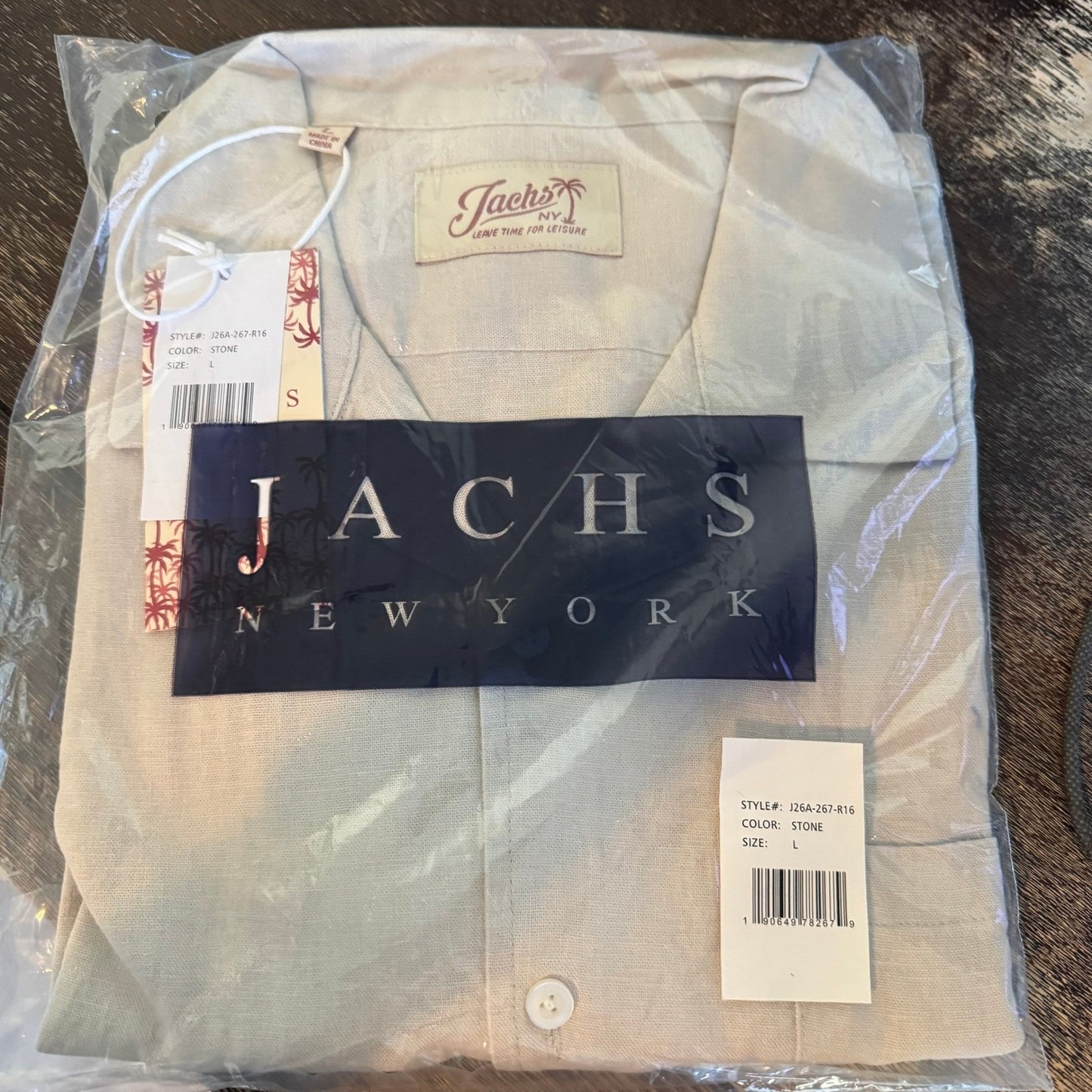 Jachs NY Mens L Southampton Stone Linen Camp Collar Button Up Shirt NEW Coastal
