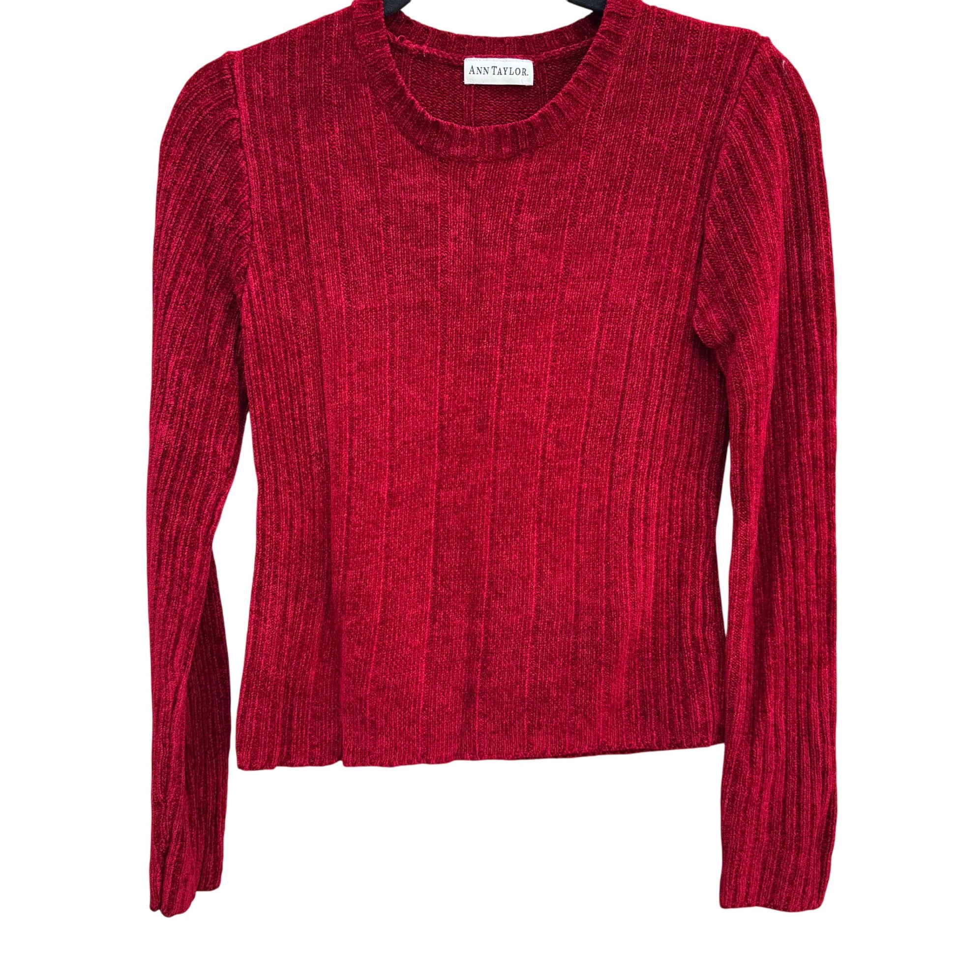 Ann Taylor Womens Red Ribbed Chenille Stretch Long Sleeve Crew Neck Sweater Small