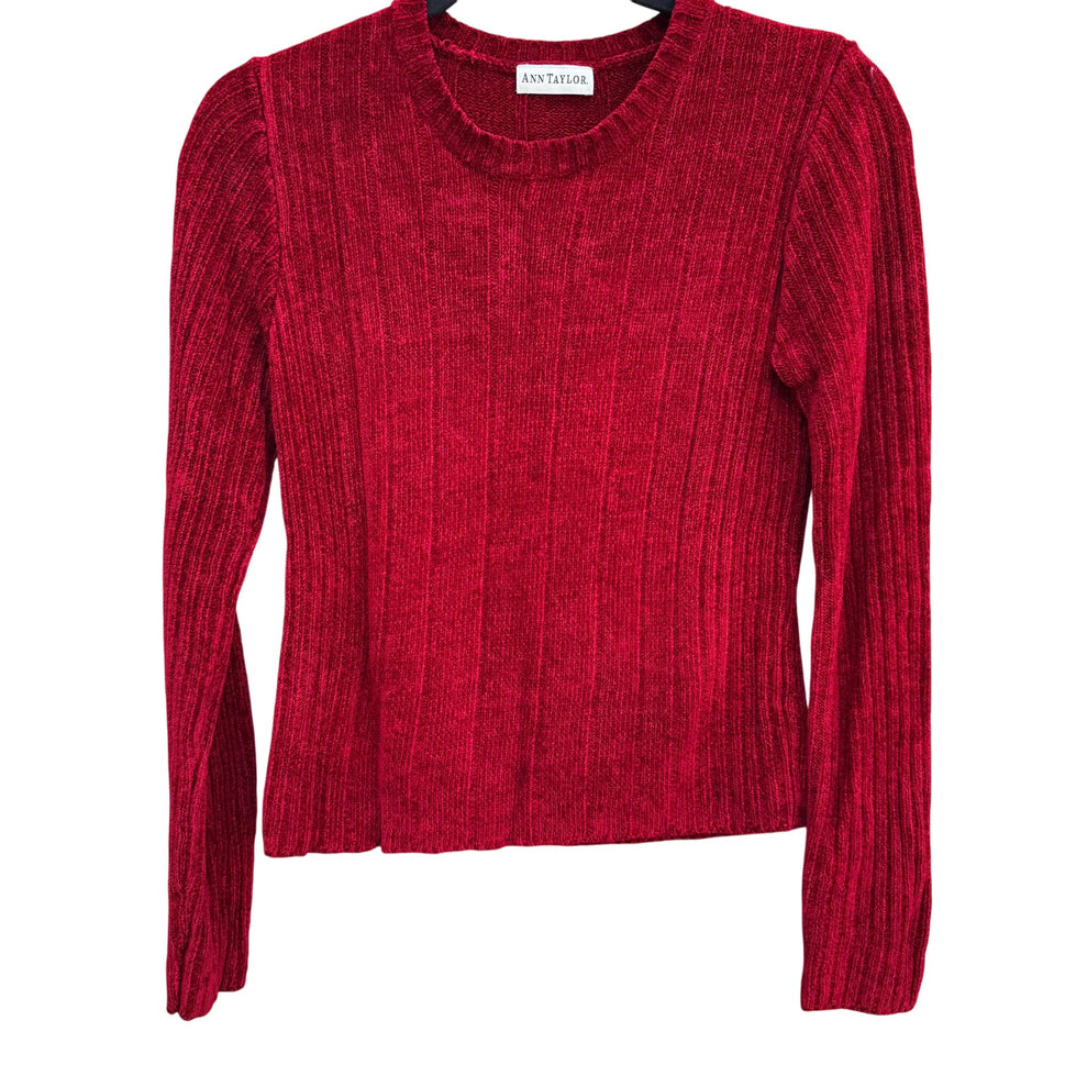 Ann Taylor Womens Red Ribbed Chenille Stretch Long Sleeve Crew Neck Sweater Small