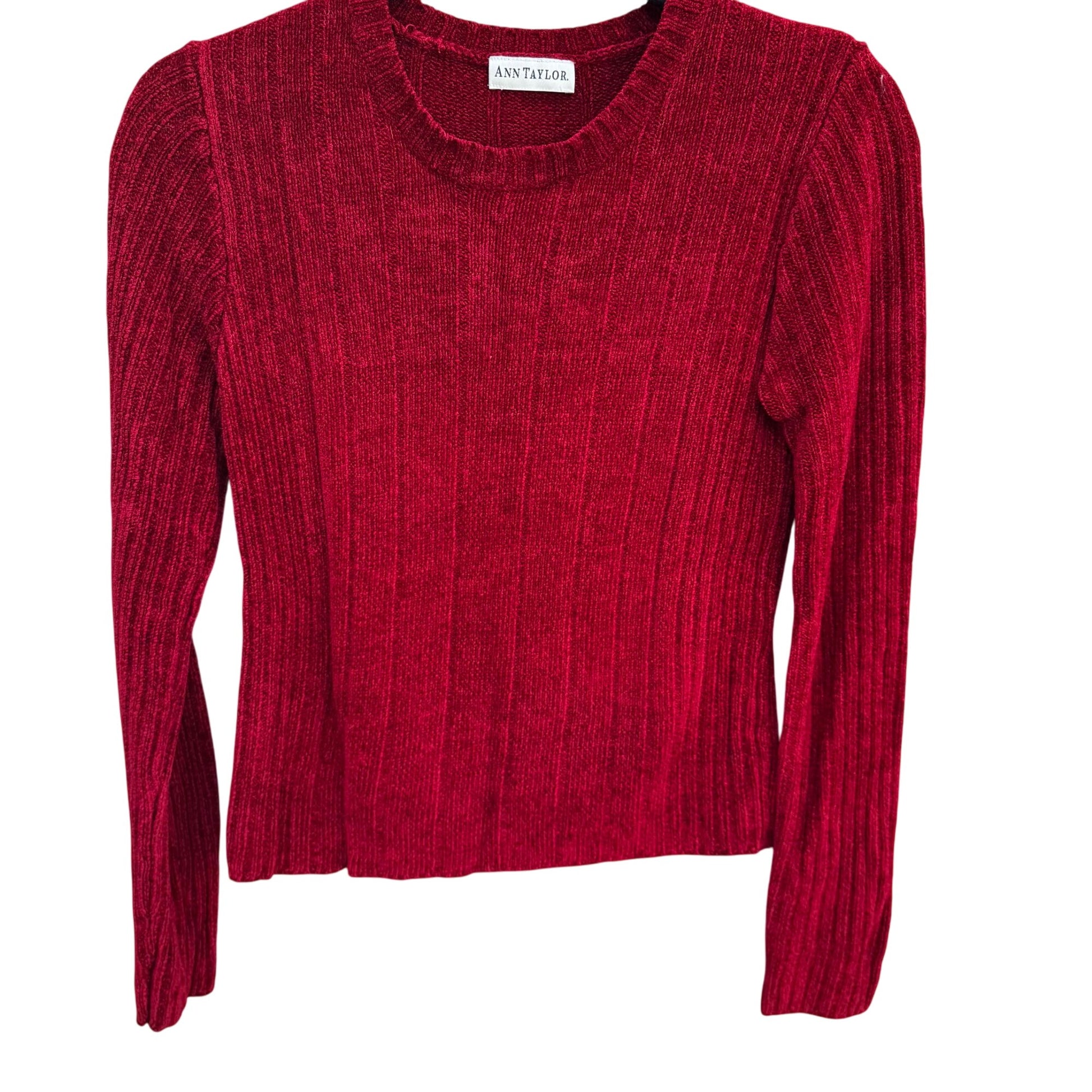 Ann Taylor Womens Red Ribbed Chenille Stretch Long Sleeve Crew Neck Sweater Small