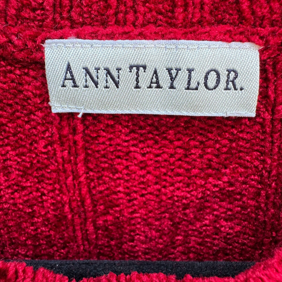 Ann Taylor Womens Red Ribbed Chenille Stretch Long Sleeve Crew Neck Sweater Small