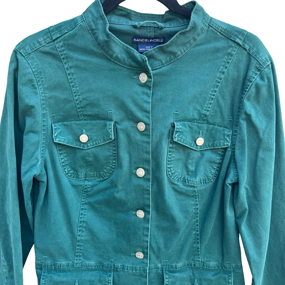 Bandolino Blu Womens Green Utility Jacket Mock Neck Pleated Peplum M Military