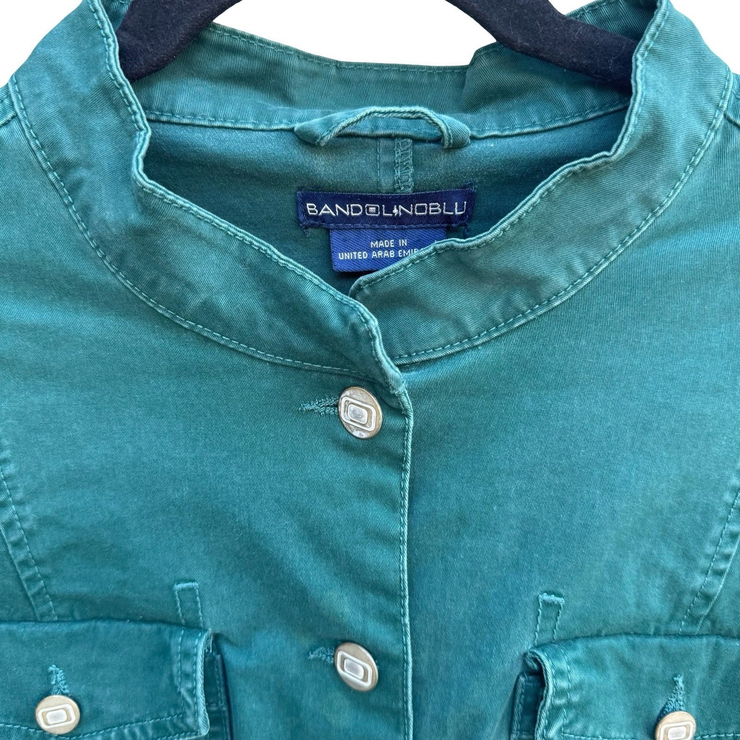 Bandolino Blu Womens Green Utility Jacket Mock Neck Pleated Peplum M Military