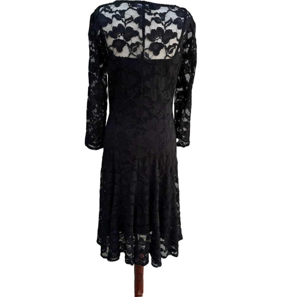 Chetta B Vintage Women's Black Deep V Neck Lace Long Sleeve Two Piece Dress - 10