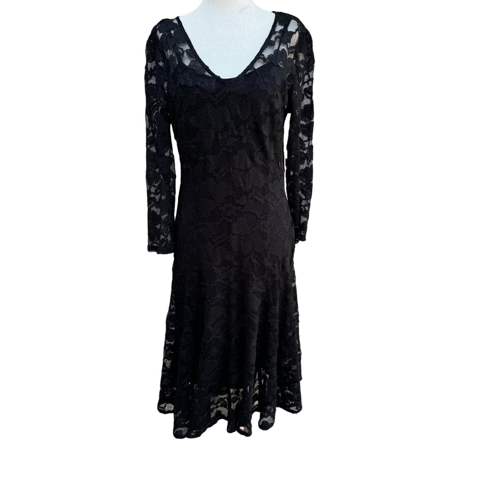 Chetta B Vintage Women's Black Deep V Neck Lace Long Sleeve Two Piece Dress - 10