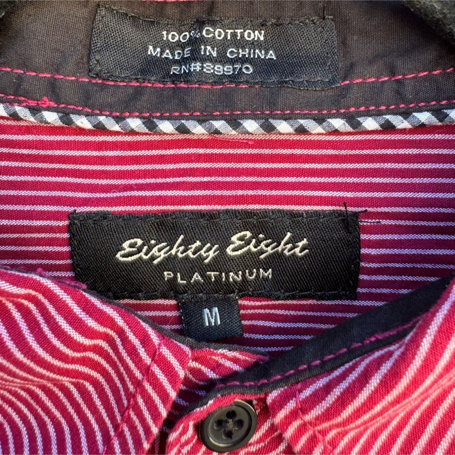 Eighty Eight Platinum Men's Red & White Striped Button-Up Cotton Shirt - Medium