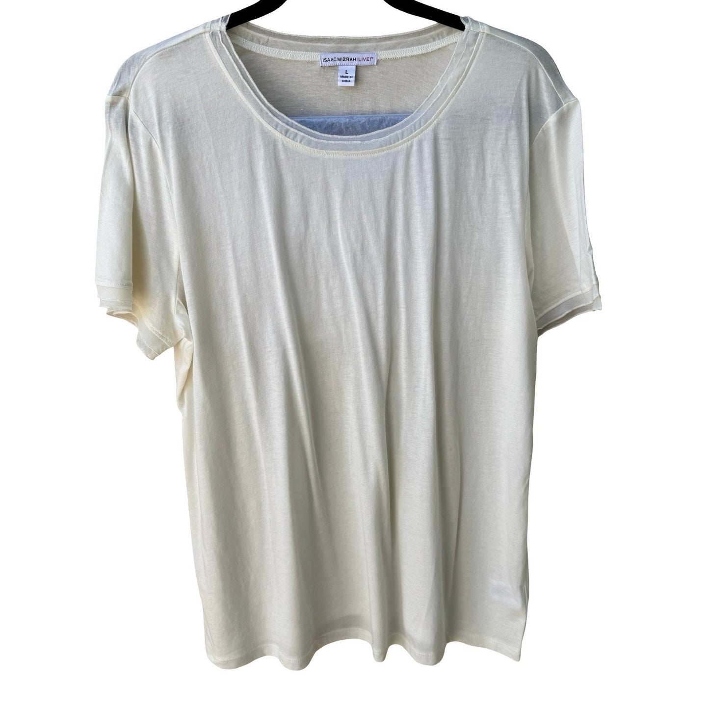 Isaac Mizrahi Minimalist Layering Soft Cotton Modal Mesh Trim Cream Shirt L NEW