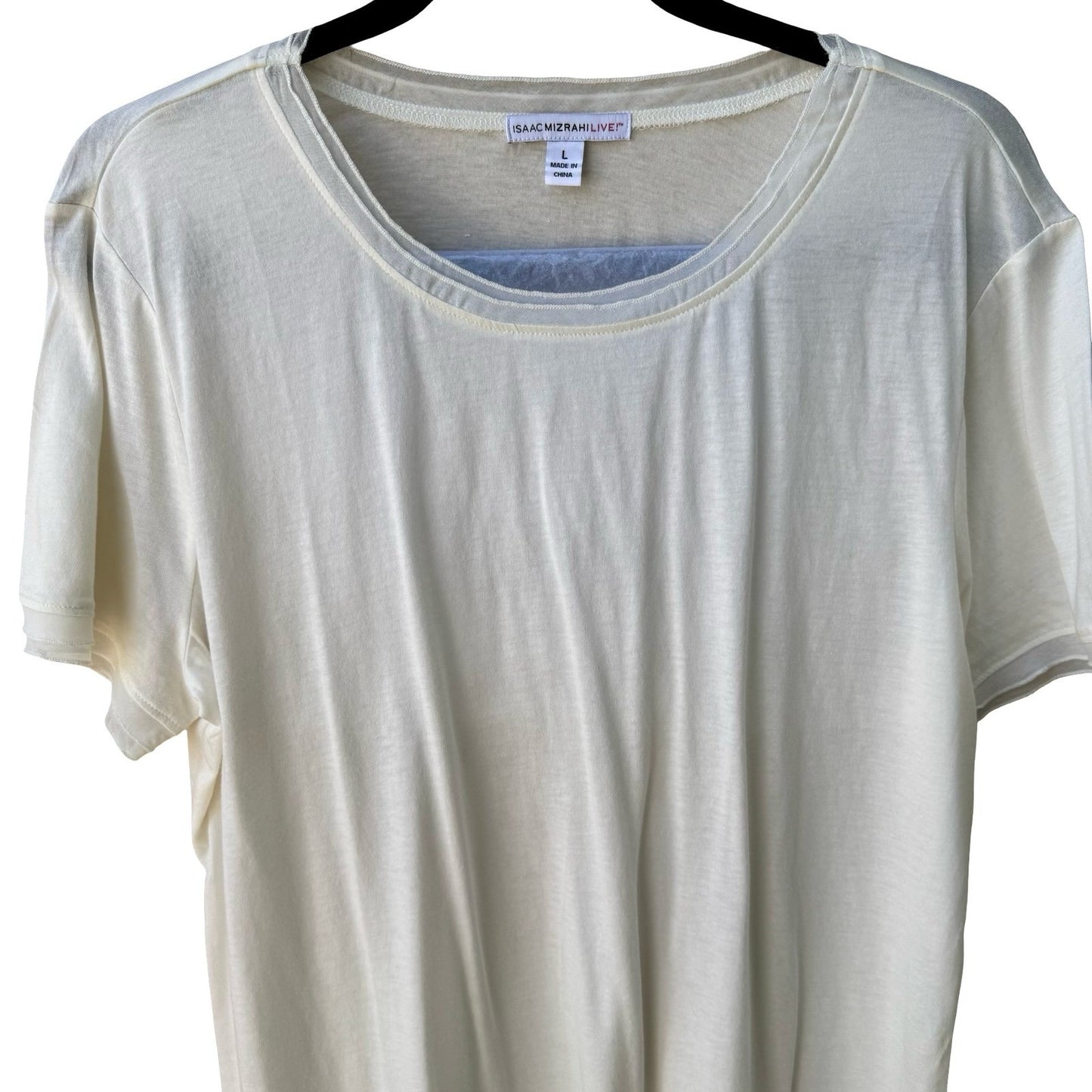 Isaac Mizrahi Minimalist Layering Soft Cotton Modal Mesh Trim Cream Shirt L NEW
