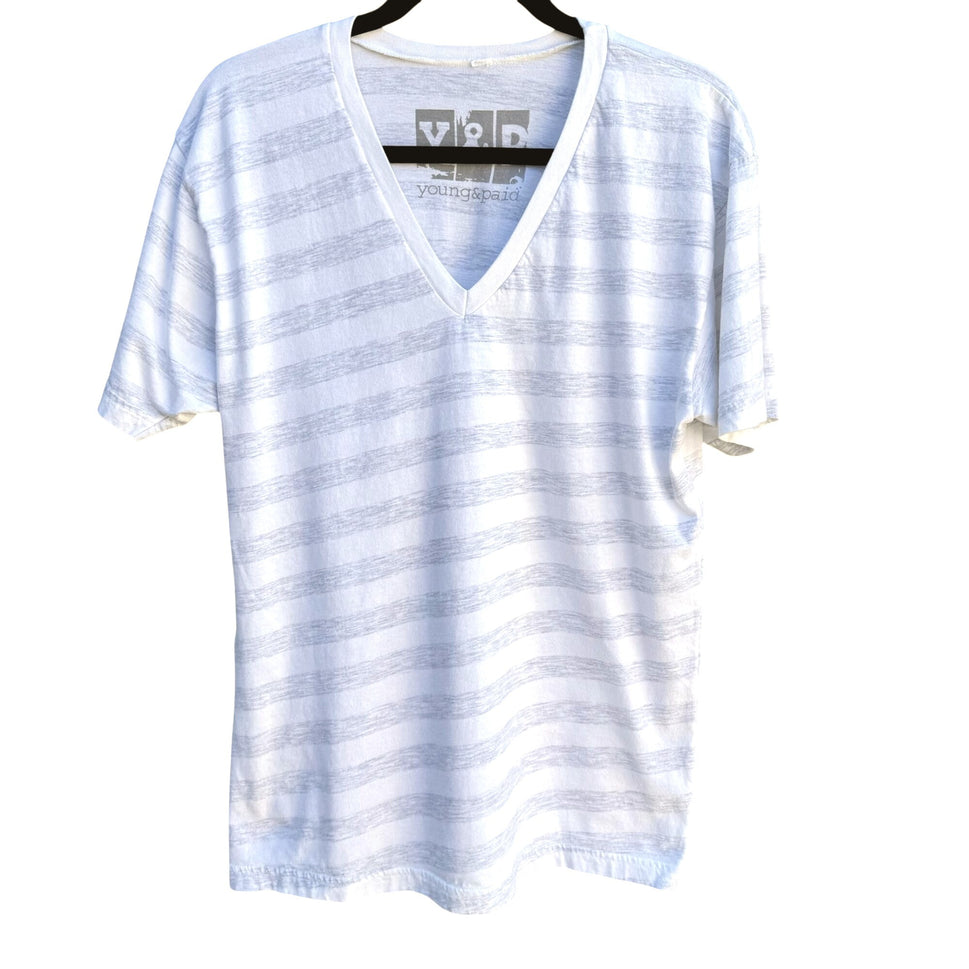 Young & Paid Mens V Neck White & Gray Stripes Short Sleeve All Cotton Tee Shirt