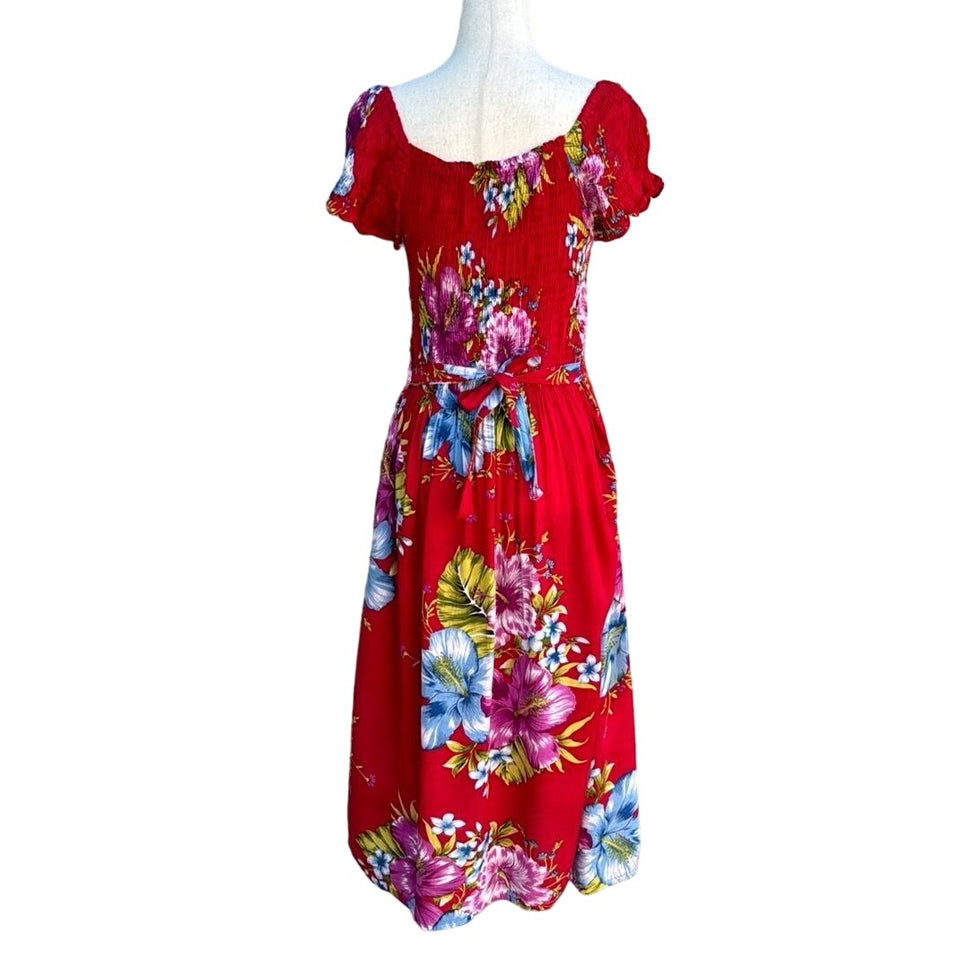 Mamta Women's Red Floral Elastic Stretch Top Full Skirt Tie Back Midi Dress - OS