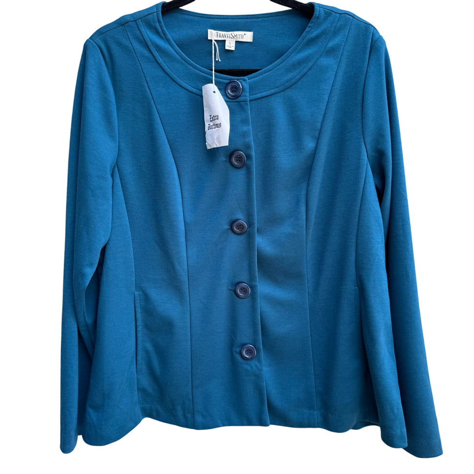 TravelSmith Womens Teal Long Sleeve Button-Up Cardigan Blazer Jacket New L