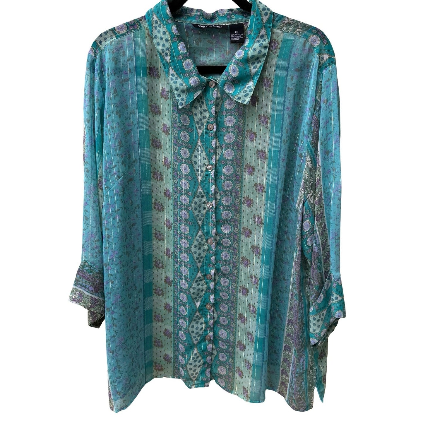 Club Z Collection Boho Sheer Ethereal Hippie Teal Floral Lurex Stripe Blouse 2X