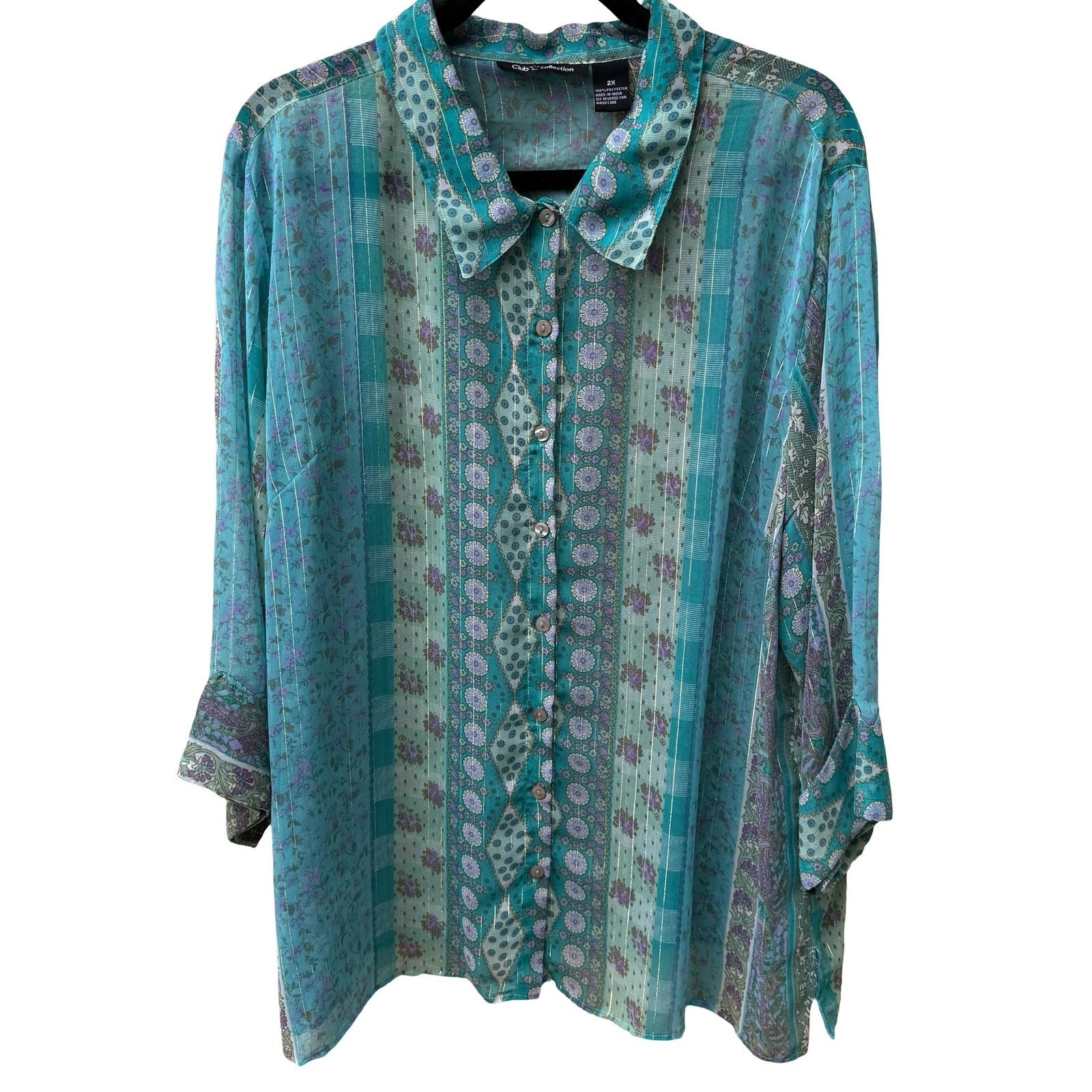 Club Z Collection Boho Sheer Ethereal Hippie Teal Floral Lurex Stripe Blouse 2X