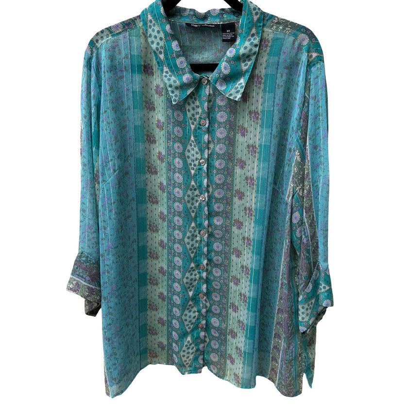 Club Z Collection Boho Sheer Ethereal Hippie Teal Floral Lurex Stripe Blouse 2X