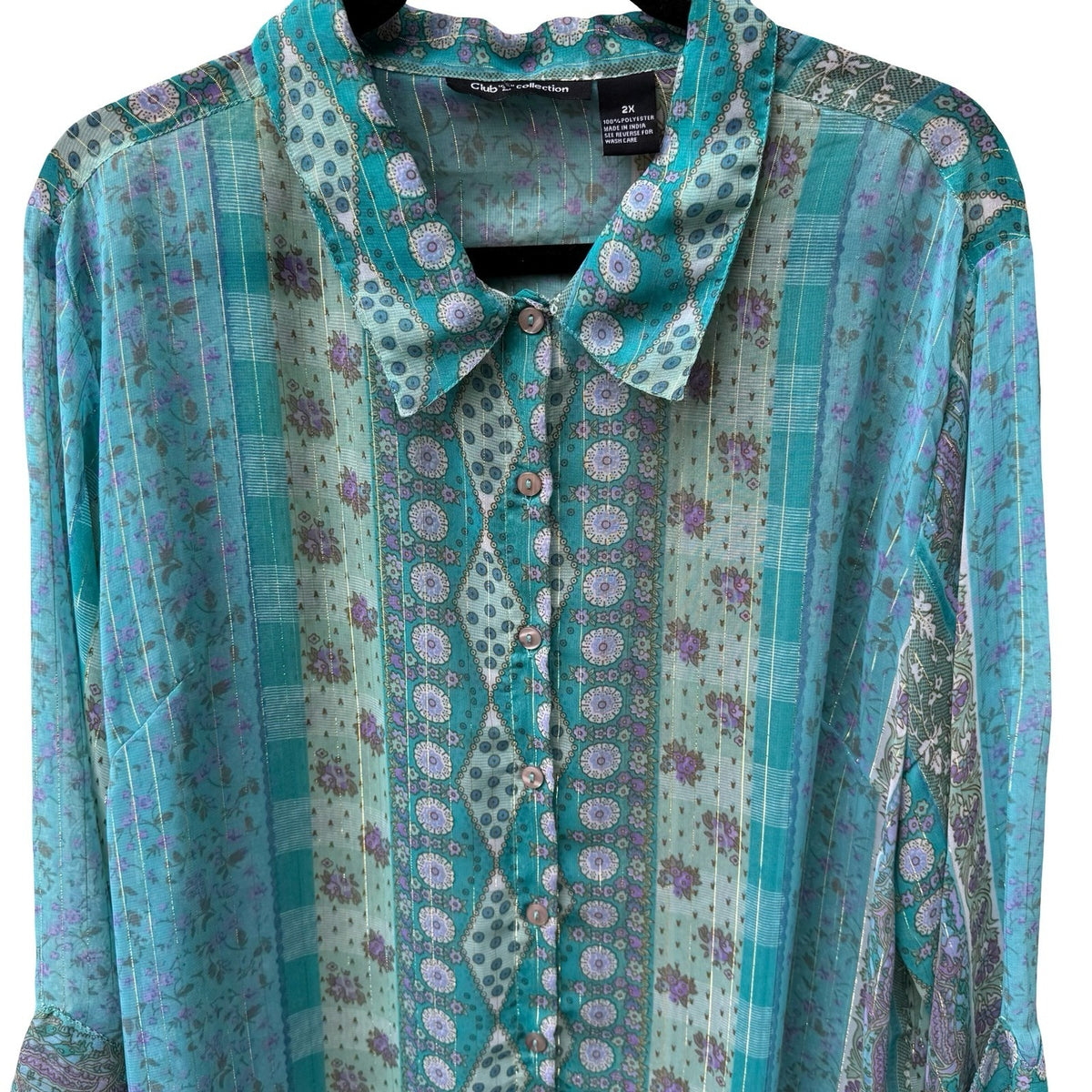 Club Z Collection Boho Sheer Ethereal Hippie Teal Floral Lurex Stripe Blouse 2X