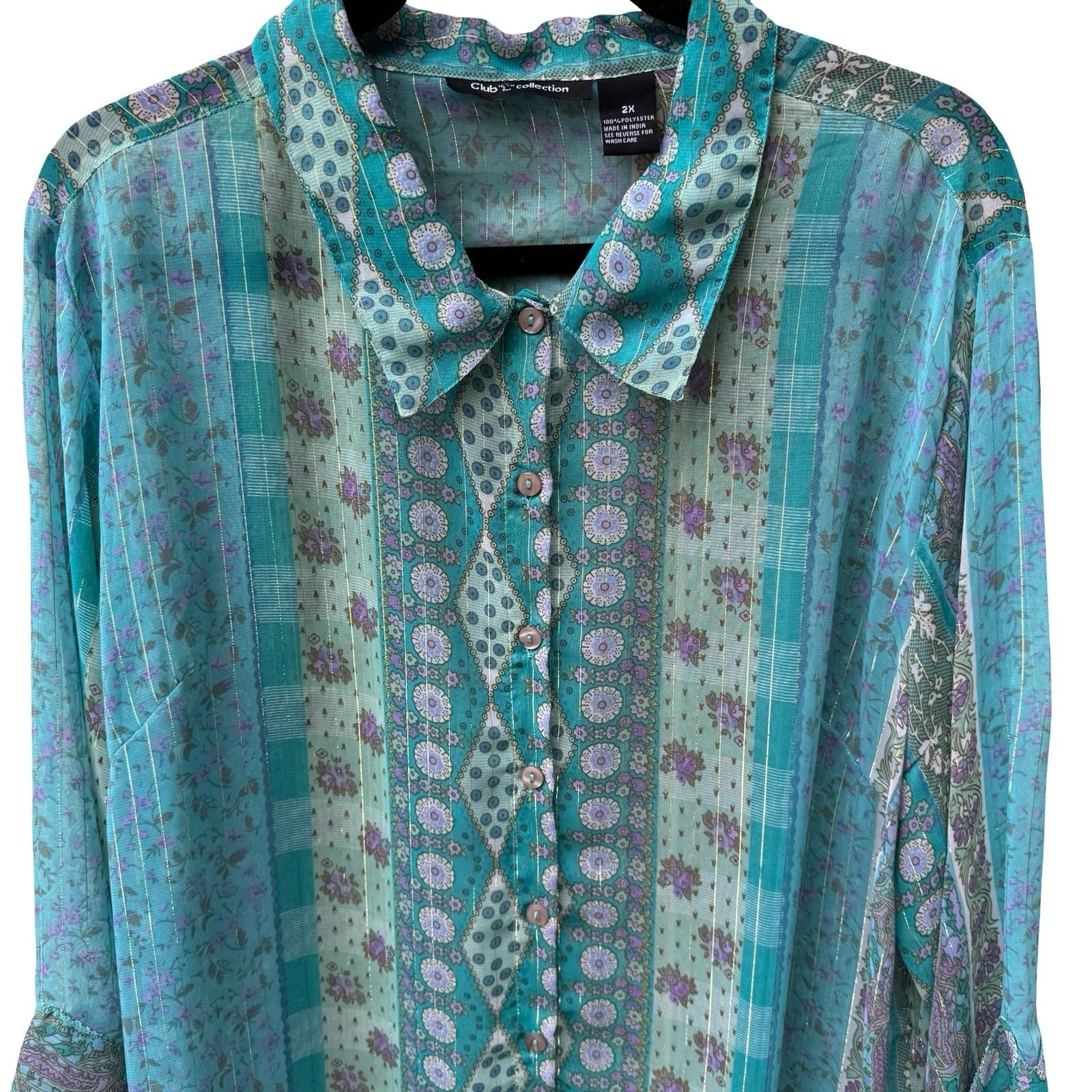 Club Z Collection Boho Sheer Ethereal Hippie Teal Floral Lurex Stripe Blouse 2X