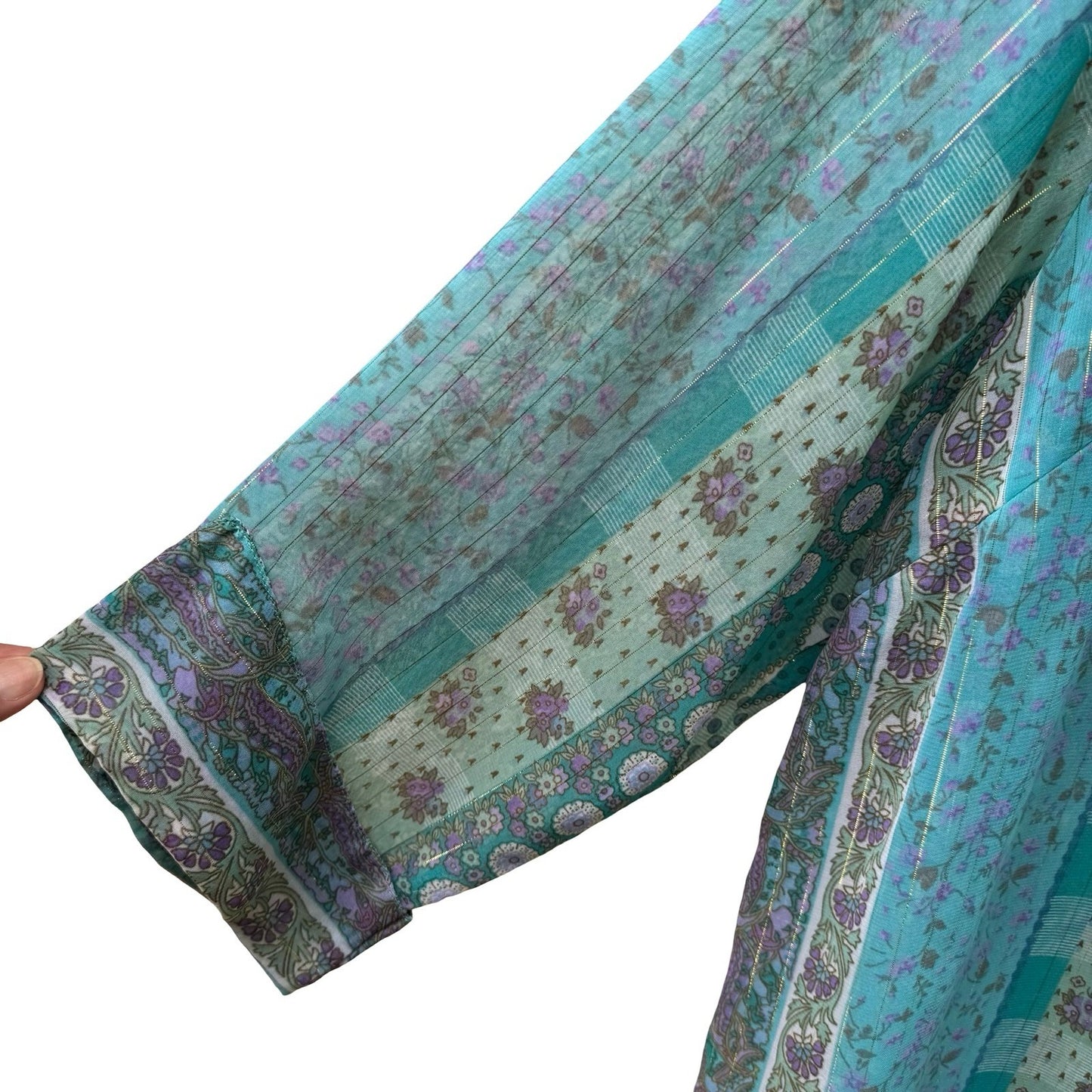 Club Z Collection Boho Sheer Ethereal Hippie Teal Floral Lurex Stripe Blouse 2X