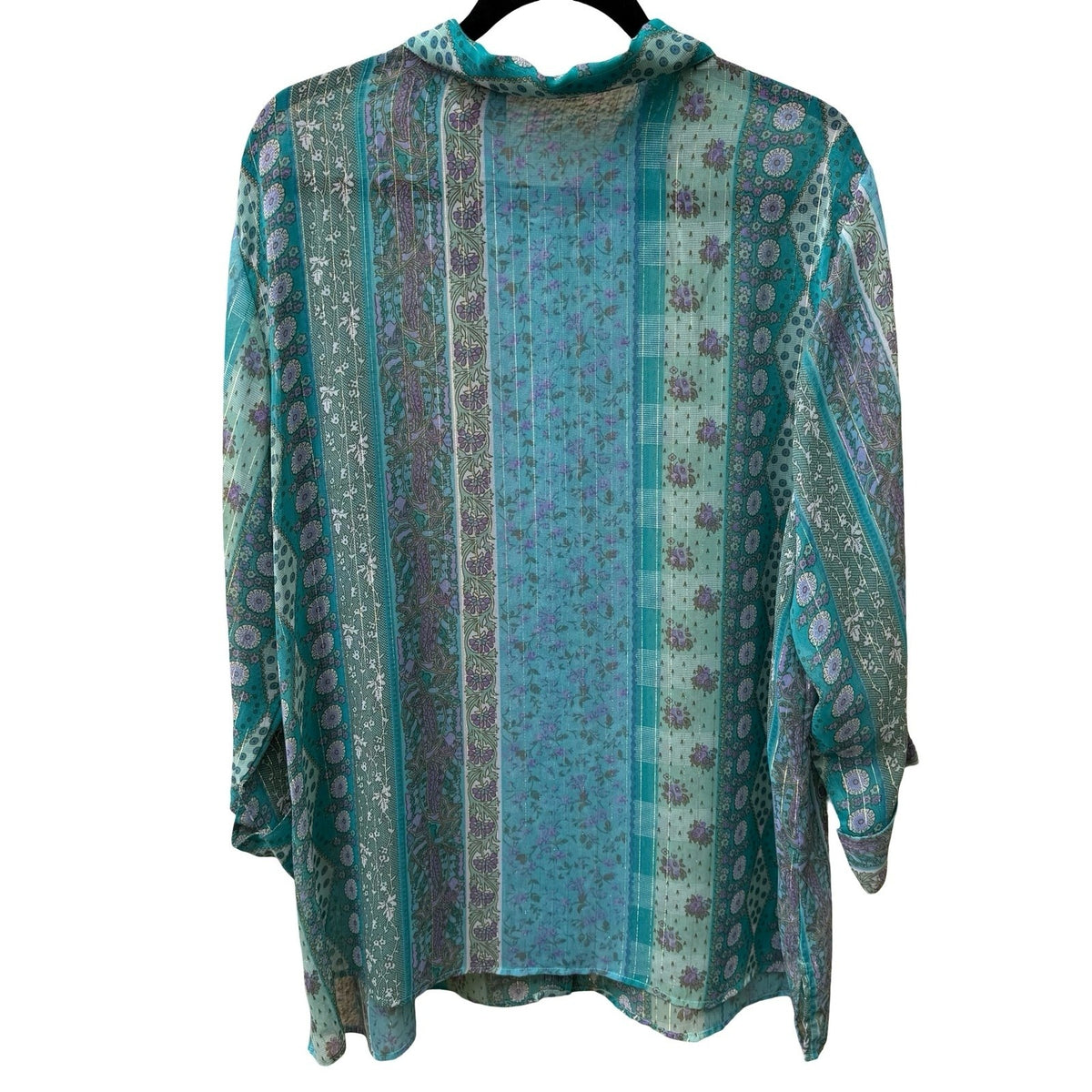 Club Z Collection Boho Sheer Ethereal Hippie Teal Floral Lurex Stripe Blouse 2X