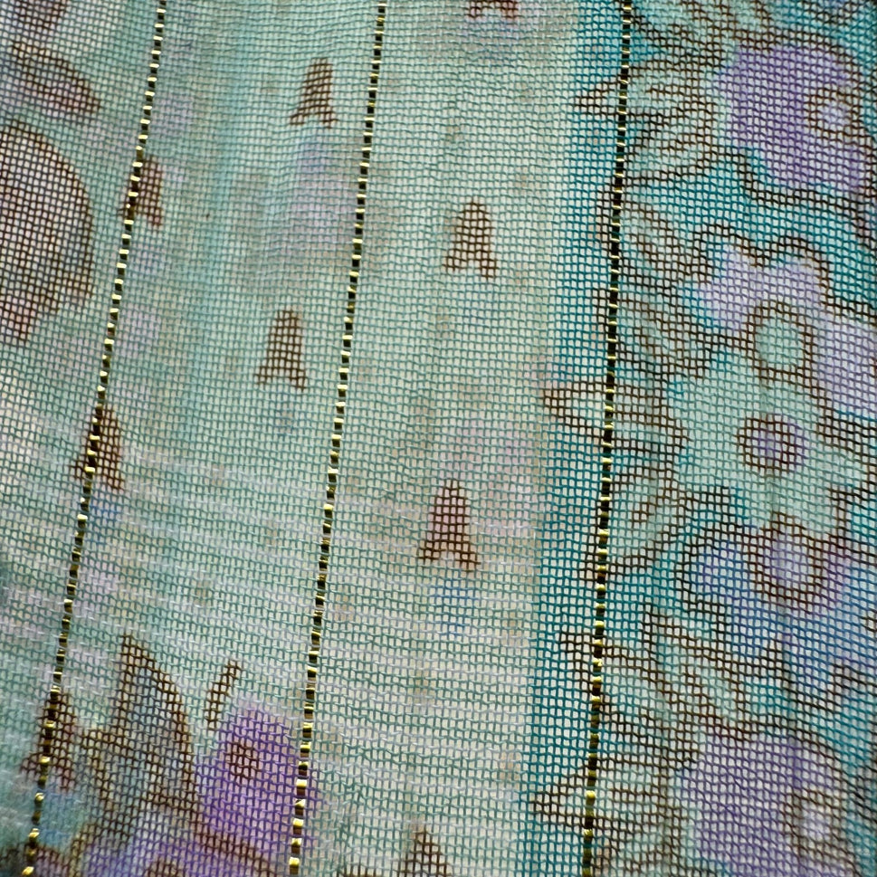 Club Z Collection Boho Sheer Ethereal Hippie Teal Floral Lurex Stripe Blouse 2X