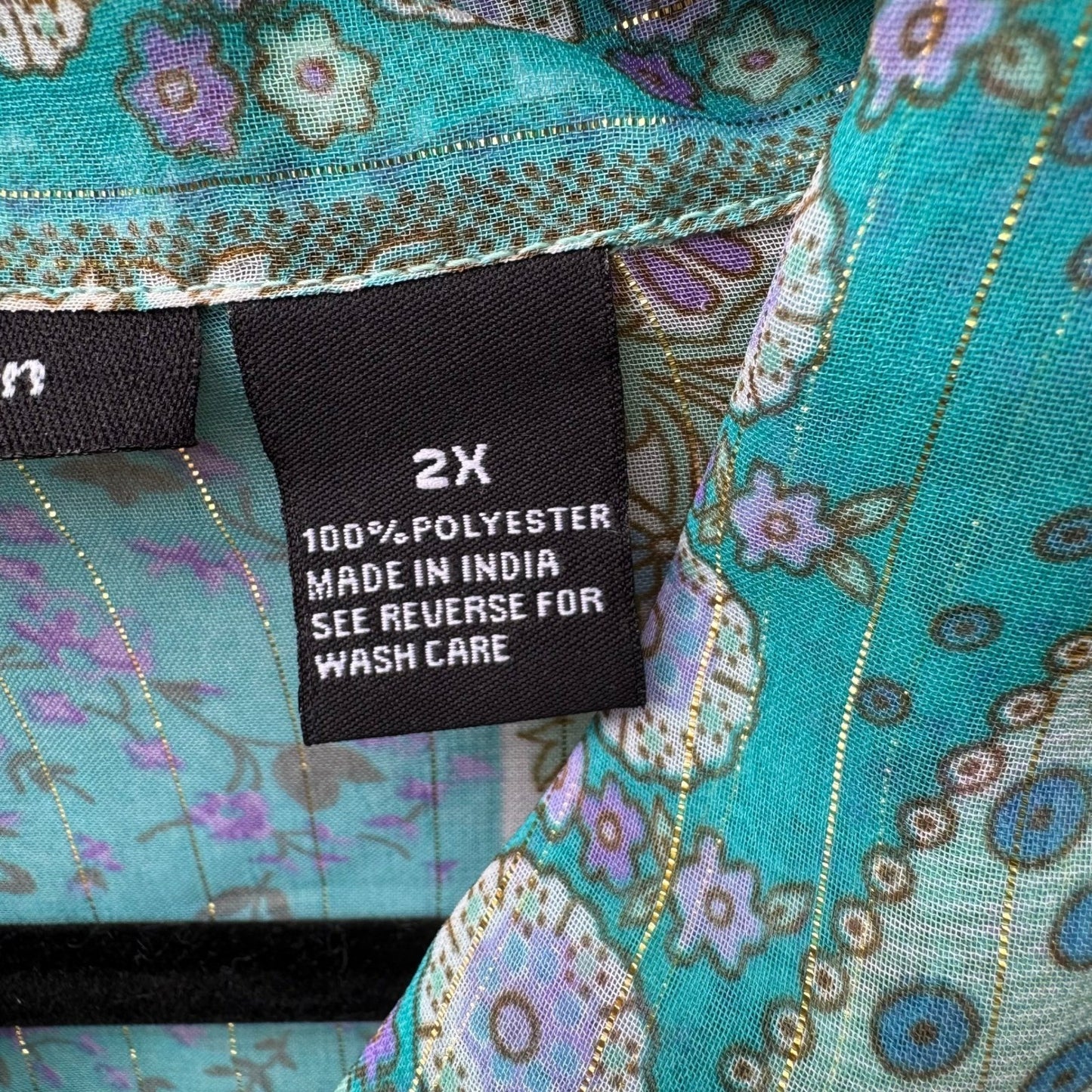 Club Z Collection Boho Sheer Ethereal Hippie Teal Floral Lurex Stripe Blouse 2X