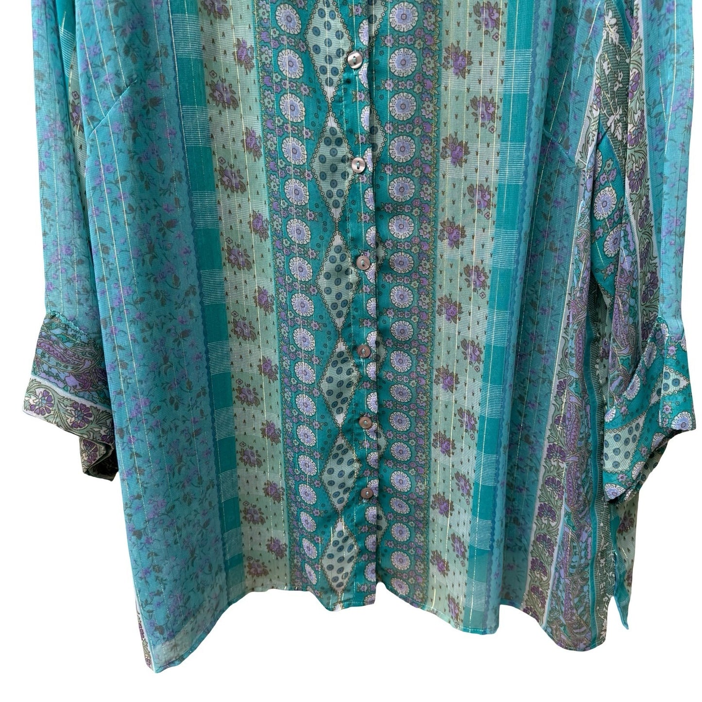 Club Z Collection Boho Sheer Ethereal Hippie Teal Floral Lurex Stripe Blouse 2X