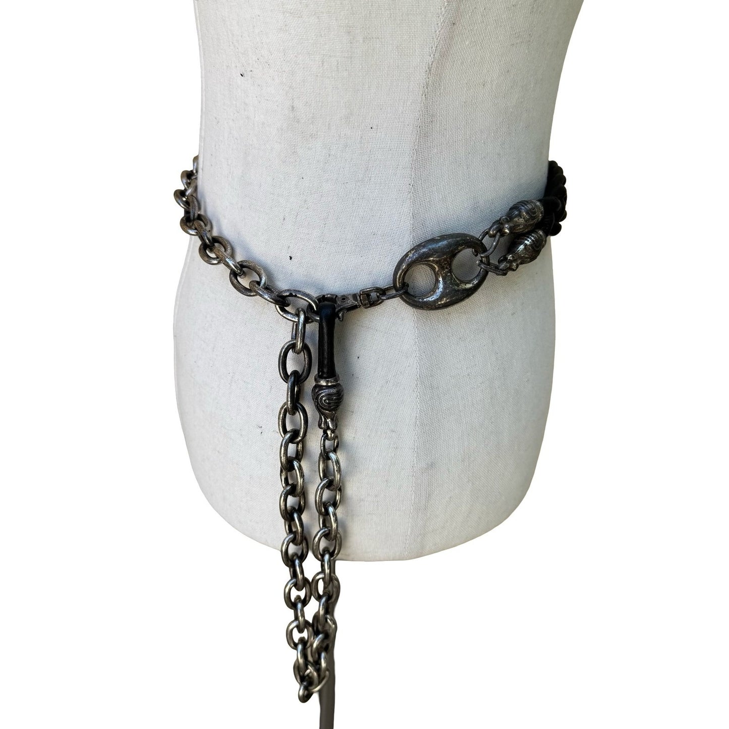 Vintage Grunge Punk Biker Goth Braided Leather Silver Chain Link Statement Belt