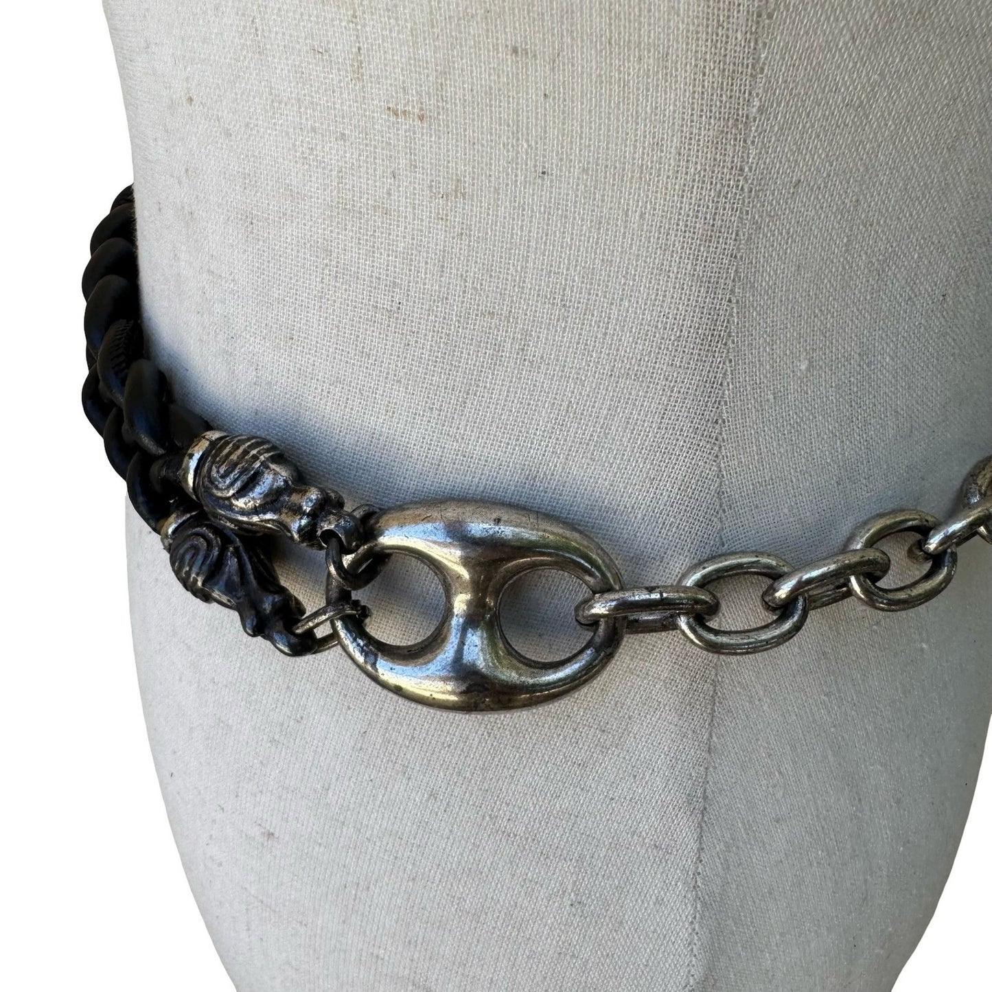 Vintage Grunge Punk Biker Goth Braided Leather Silver Chain Link Statement Belt