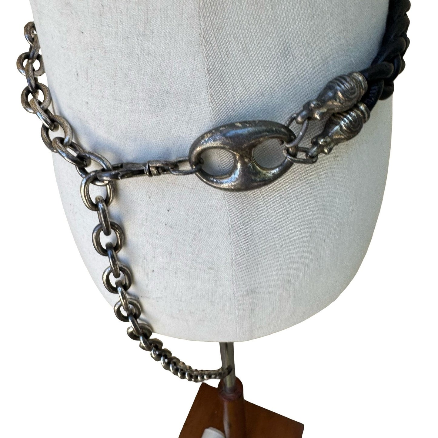 Vintage Grunge Punk Biker Goth Braided Leather Silver Chain Link Statement Belt