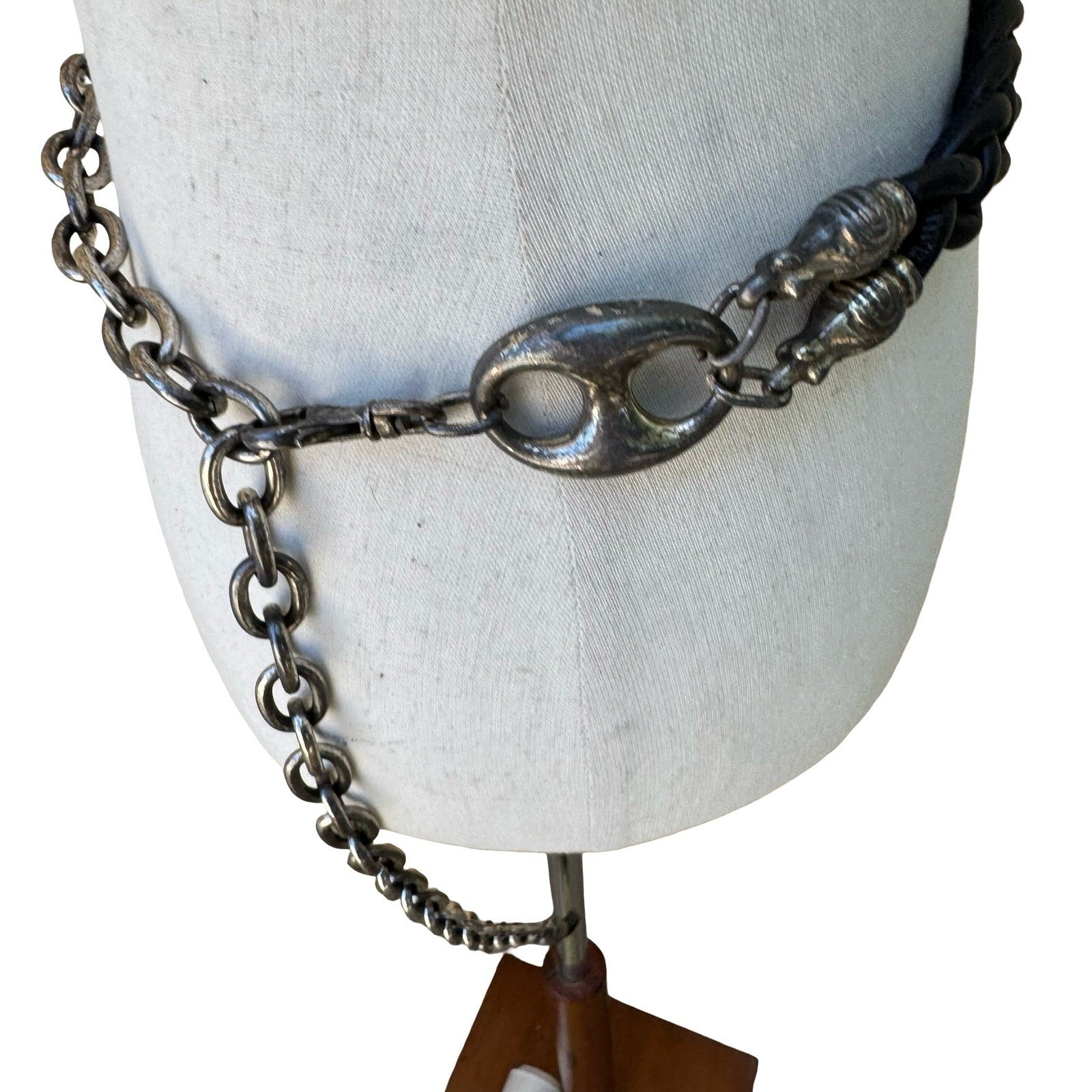 Vintage Grunge Punk Biker Goth Braided Leather Silver Chain Link Statement Belt