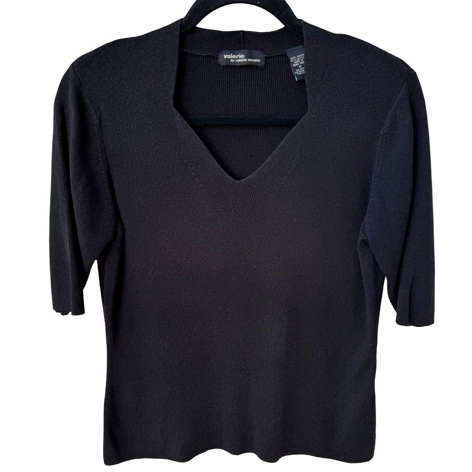 Valerie Stevens Y2K Womens M Black Notched V-Neck Ribbed Knit Top Minimalist