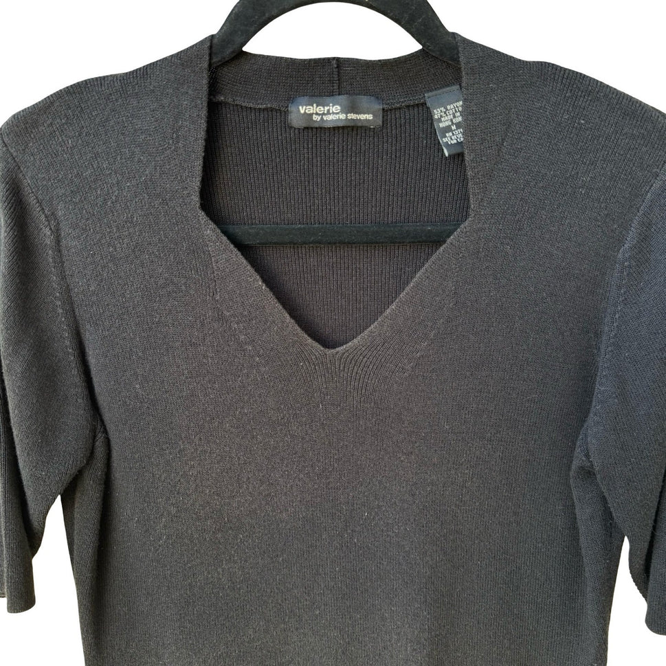 Valerie Stevens Y2K Womens M Black Notched V-Neck Ribbed Knit Top Minimalist