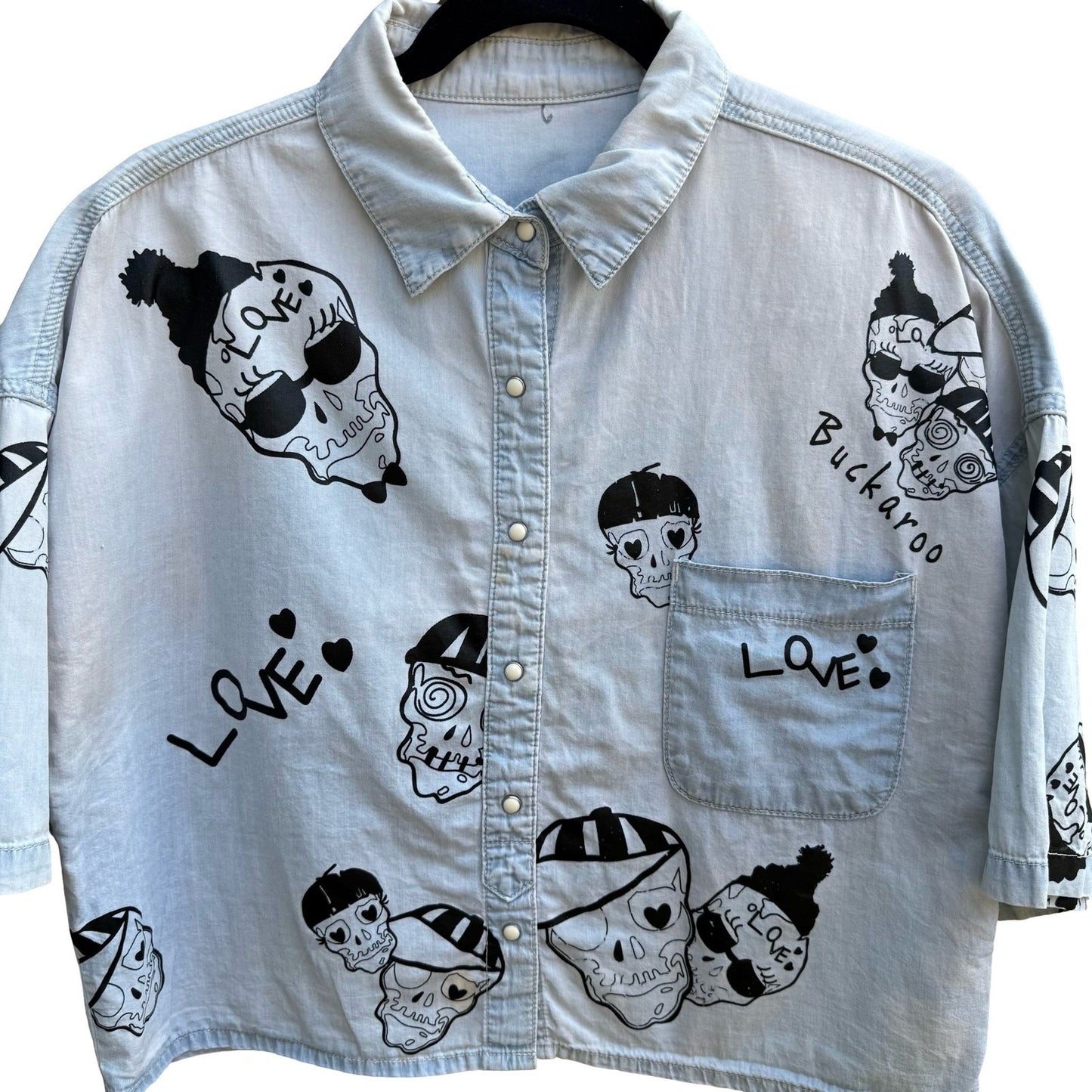 Buckaroo Denim Skull Snap Front Cropped Boxy Skater Streetwear Rockabilly Shirt