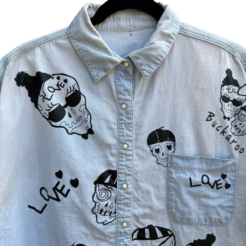 Buckaroo Denim Skull Snap Front Cropped Boxy Skater Streetwear Rockabilly Shirt
