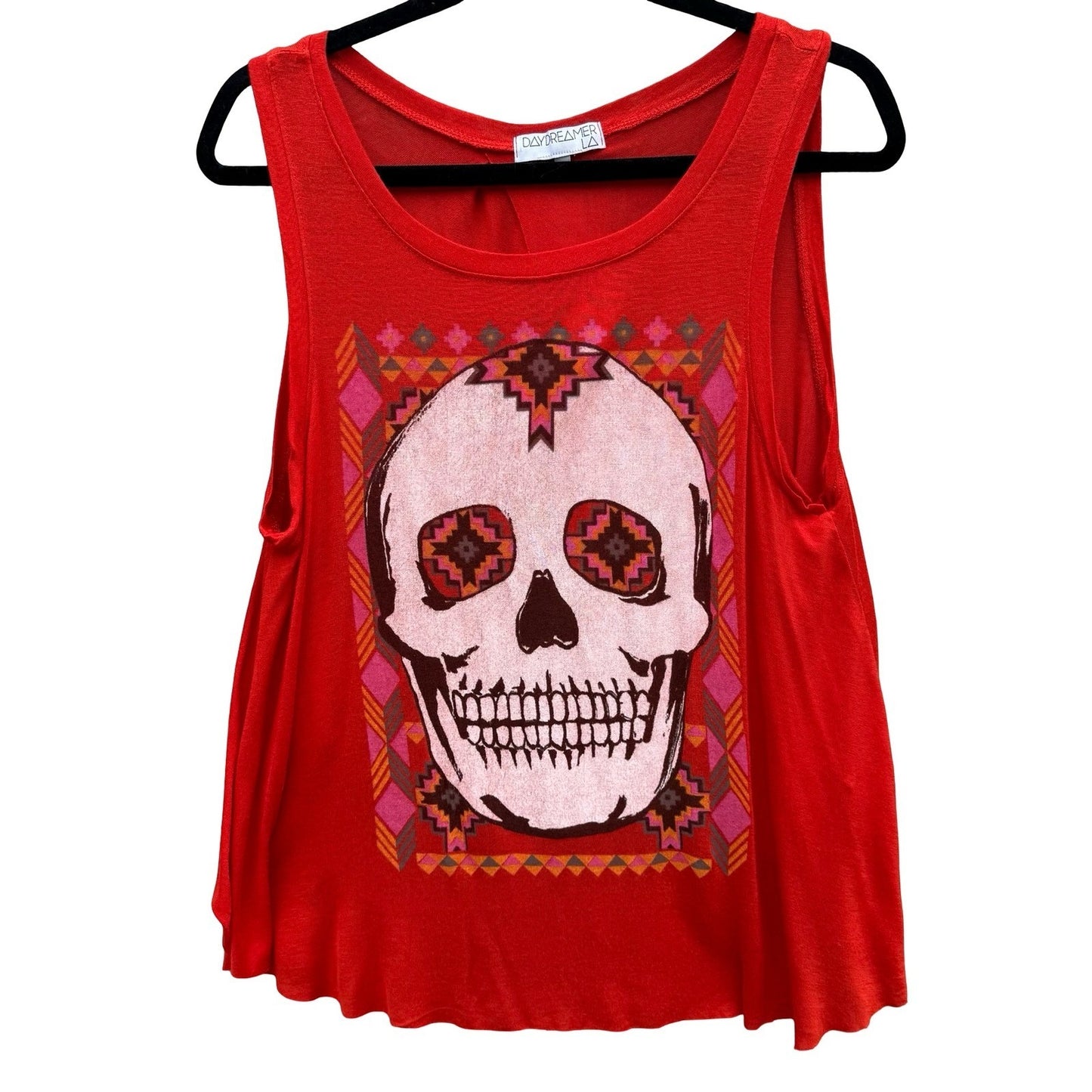 Daydreamer LA Red Sugar Skull Draped Open Back Graphic Tank Top Small Festival
