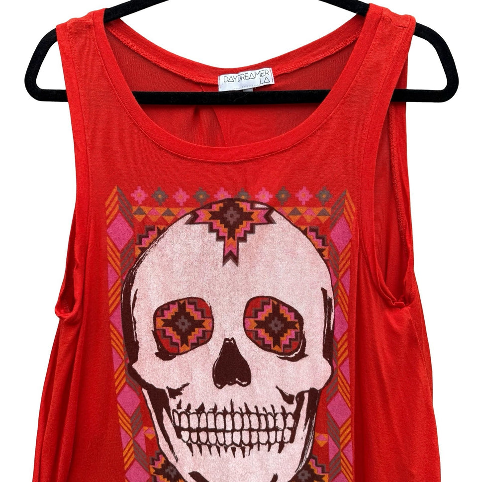 Daydreamer LA Red Sugar Skull Draped Open Back Graphic Tank Top Small Festival