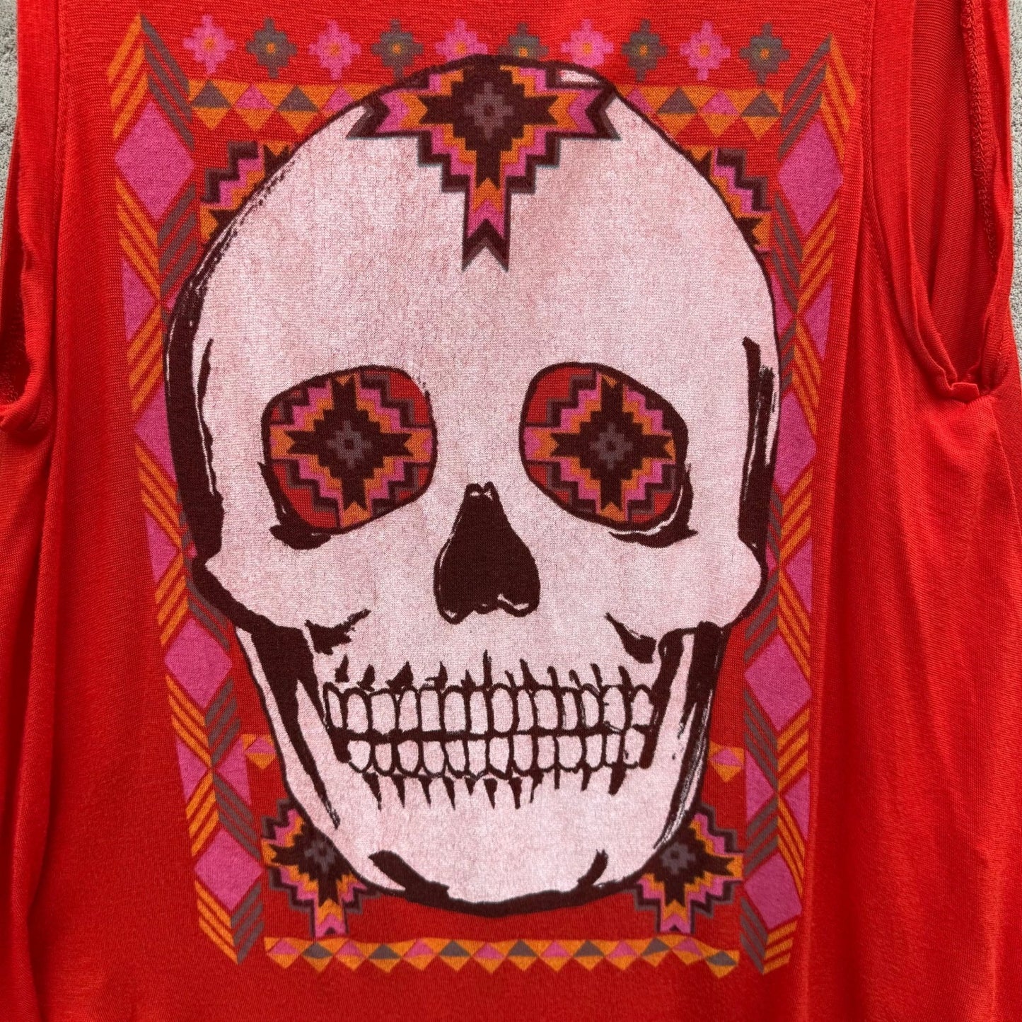 Daydreamer LA Red Sugar Skull Draped Open Back Graphic Tank Top Small Festival