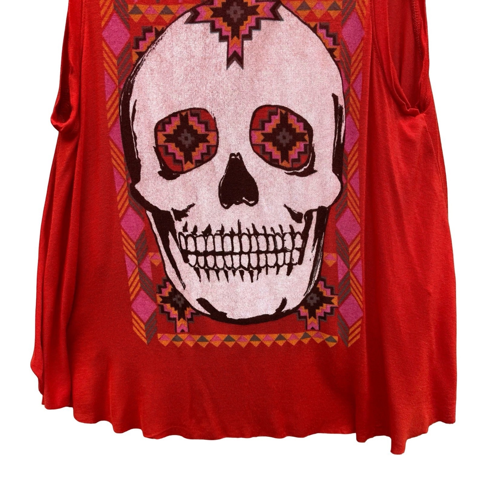 Daydreamer LA Red Sugar Skull Draped Open Back Graphic Tank Top Small Festival