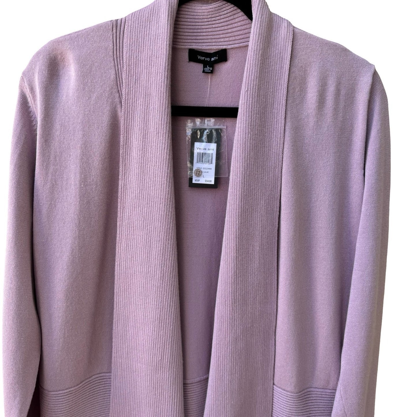 Verve Ami Minimalist Open Front Shawl Collar Cardigan Sweater Pastel Lilac L NEW