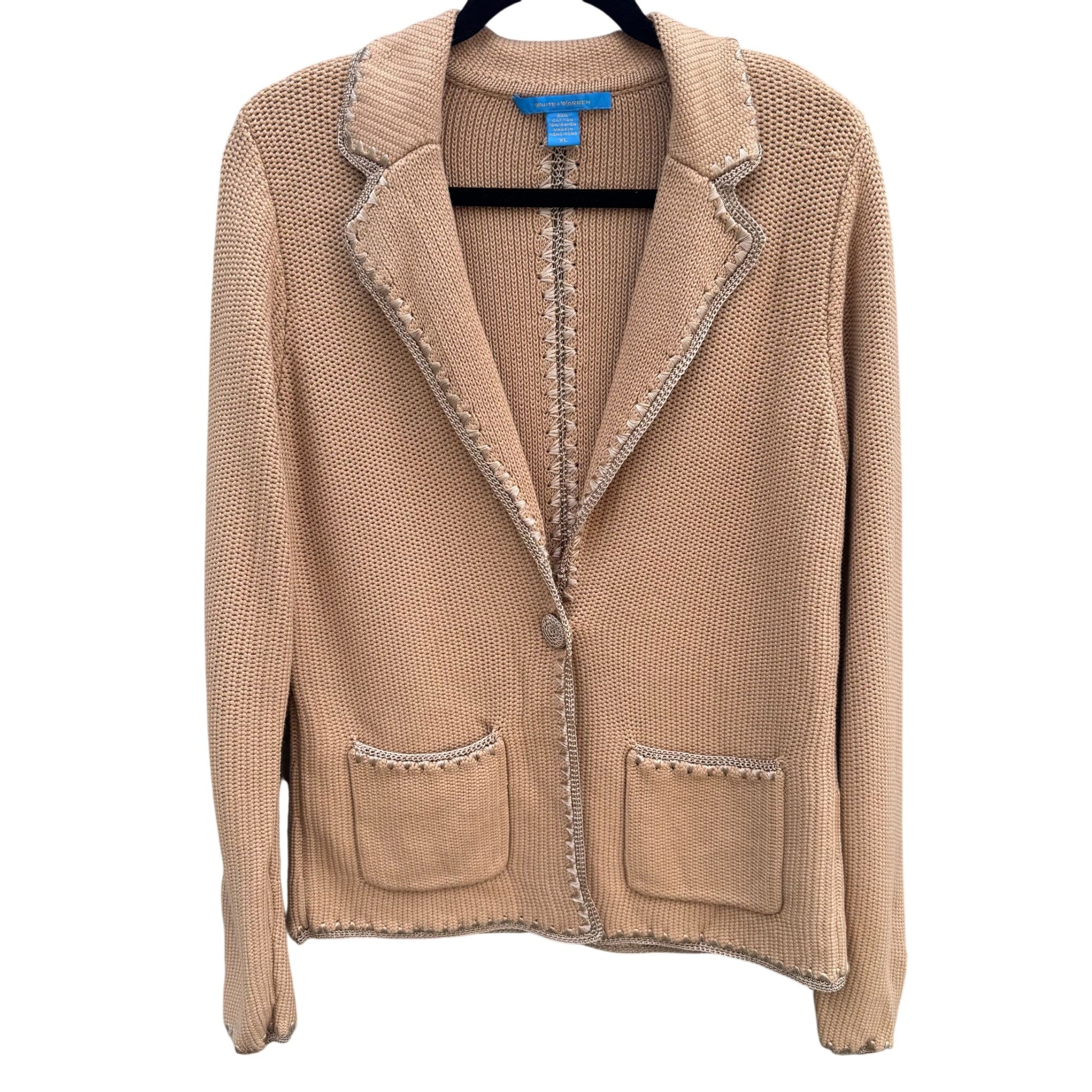 White + Warren Beige Knit Blazer Cardigan Jacket Knit Crochet Trim Womens XL