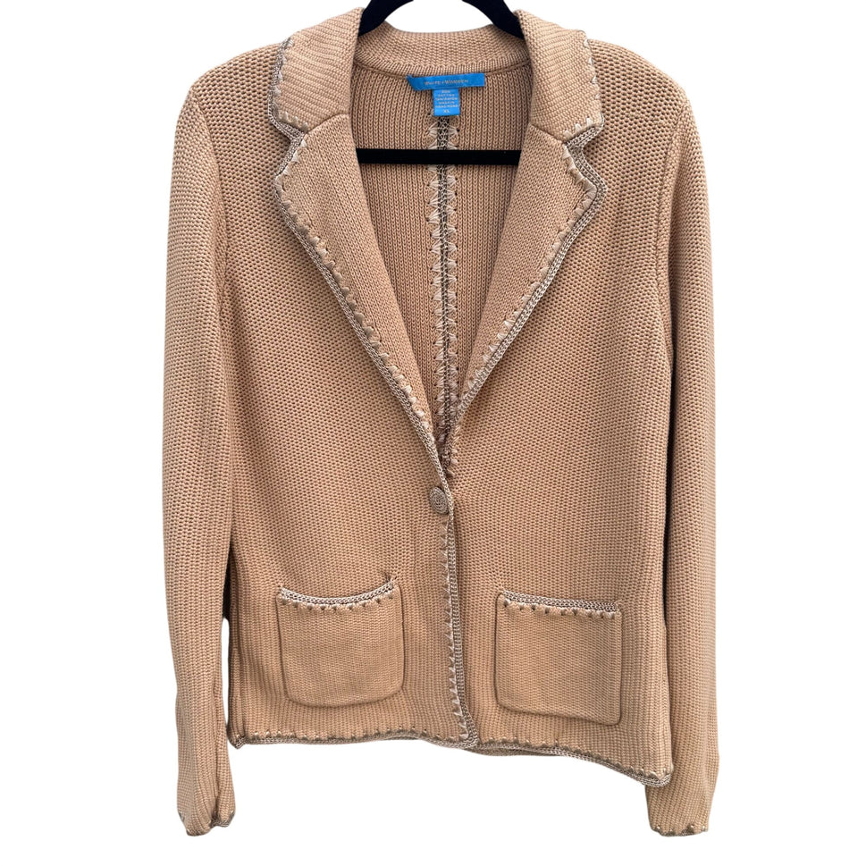 White + Warren Beige Knit Blazer Cardigan Jacket Knit Crochet Trim Womens XL