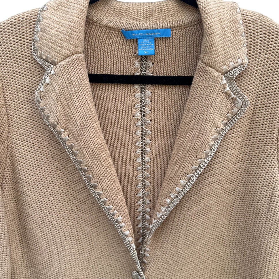 White + Warren Beige Knit Blazer Cardigan Jacket Knit Crochet Trim Womens XL