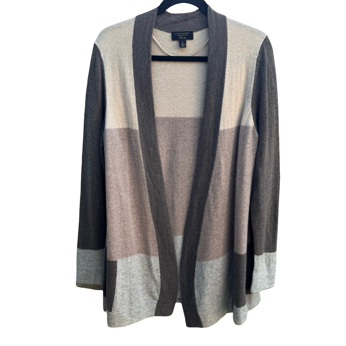 Charter Club Cashmere Colorblock Quiet Luxury Preppy Open Cardigan Neutral L